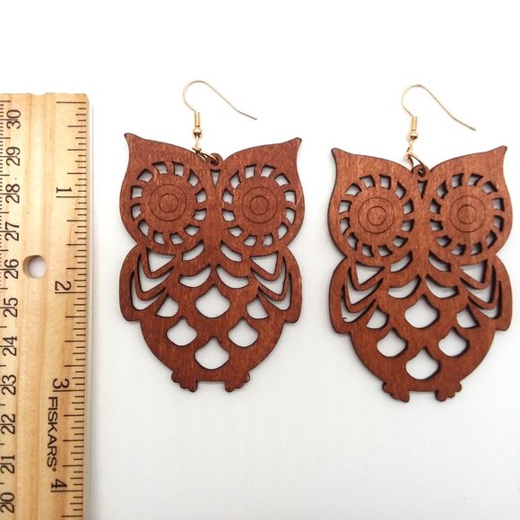 Earrings Owl Cut Wood Bohemian Hollow Dangle Boho Carved Hippie Trendy - Picture 3 of 3